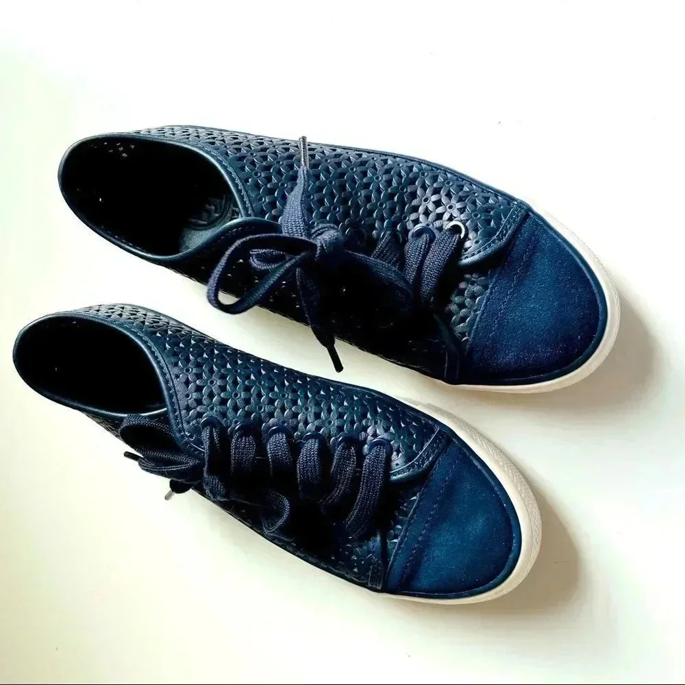 Tory Burch Navy Floral Perforated Leather/Suede Sneakers